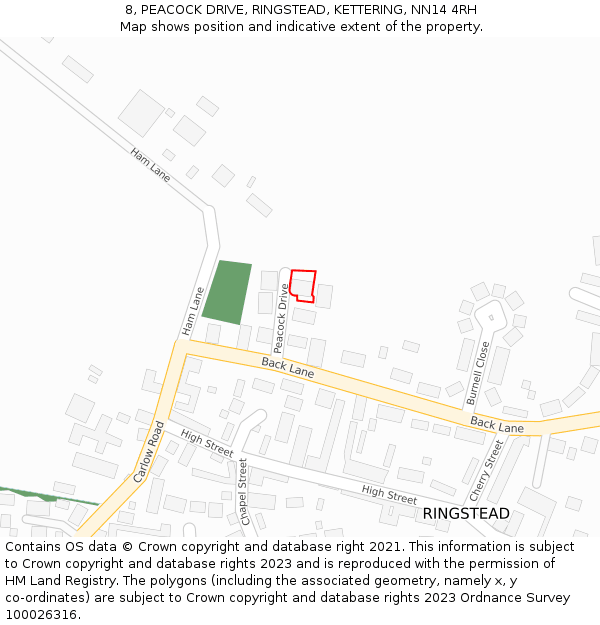 8, PEACOCK DRIVE, RINGSTEAD, KETTERING, NN14 4RH: Location map and indicative extent of plot