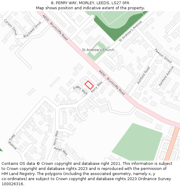 8, PERRY WAY, MORLEY, LEEDS, LS27 0FA: Location map and indicative extent of plot