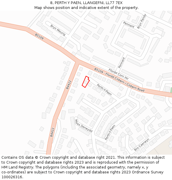 8, PERTH Y PAEN, LLANGEFNI, LL77 7EX: Location map and indicative extent of plot