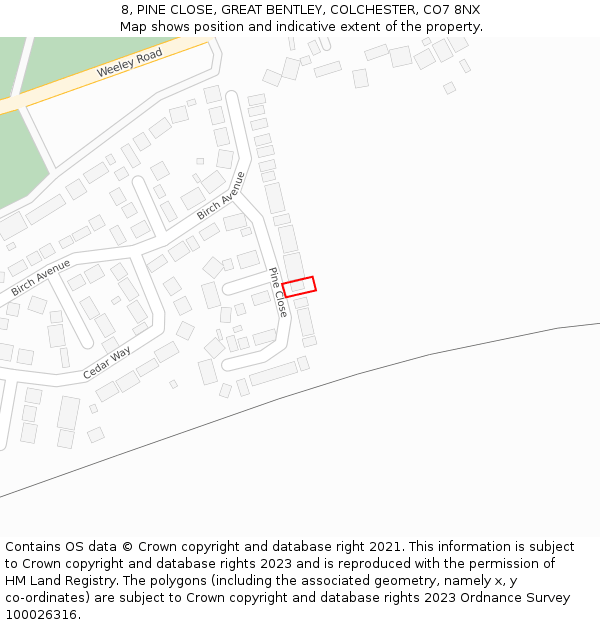 8, PINE CLOSE, GREAT BENTLEY, COLCHESTER, CO7 8NX: Location map and indicative extent of plot