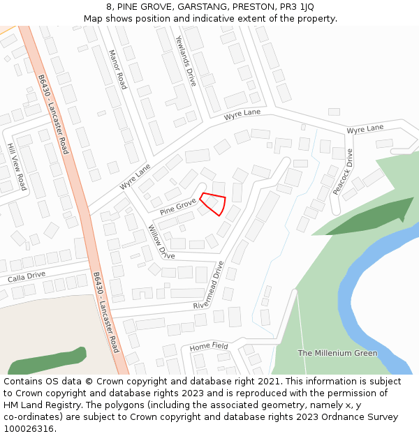 8, PINE GROVE, GARSTANG, PRESTON, PR3 1JQ: Location map and indicative extent of plot