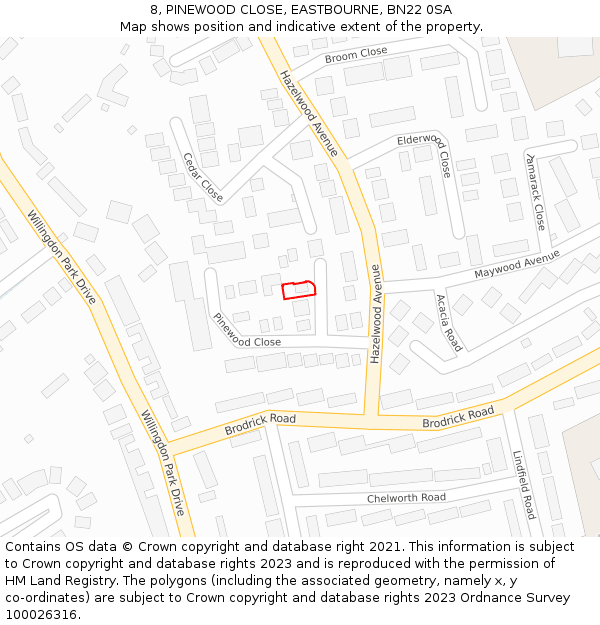 8, PINEWOOD CLOSE, EASTBOURNE, BN22 0SA: Location map and indicative extent of plot