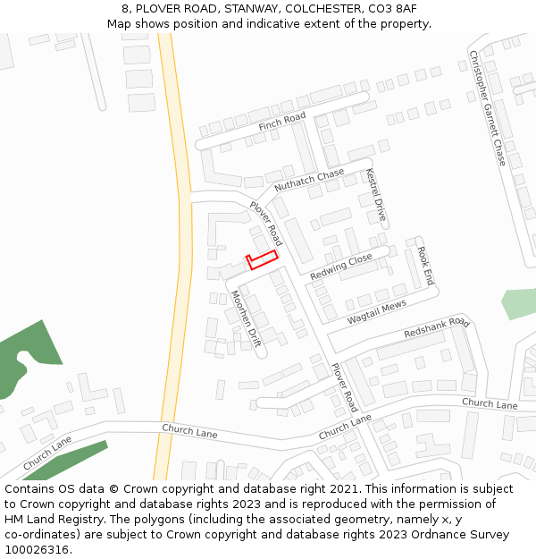 8, PLOVER ROAD, STANWAY, COLCHESTER, CO3 8AF: Location map and indicative extent of plot