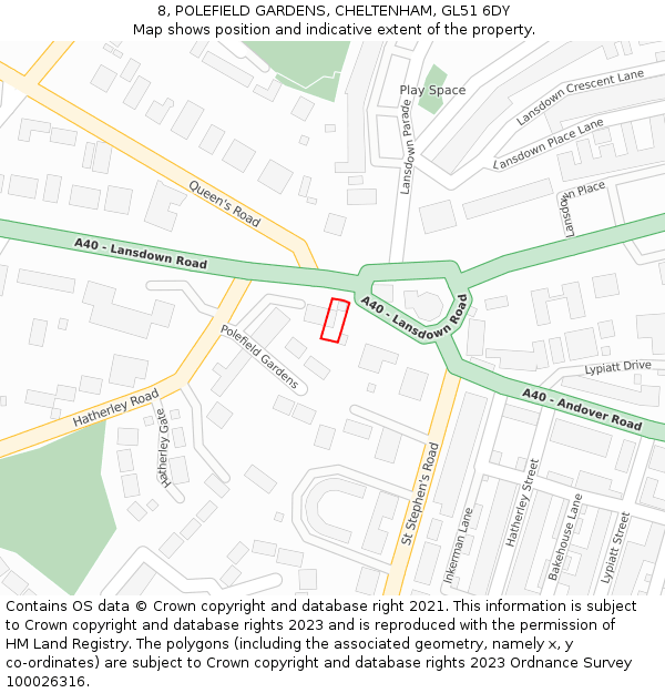 8, POLEFIELD GARDENS, CHELTENHAM, GL51 6DY: Location map and indicative extent of plot