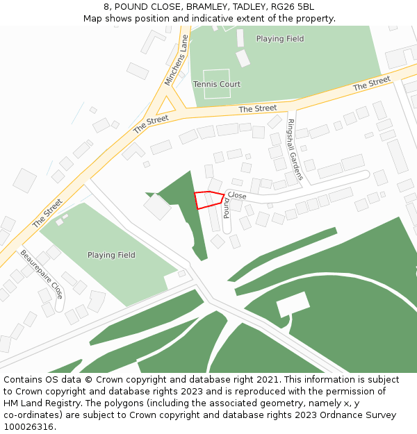 8, POUND CLOSE, BRAMLEY, TADLEY, RG26 5BL: Location map and indicative extent of plot