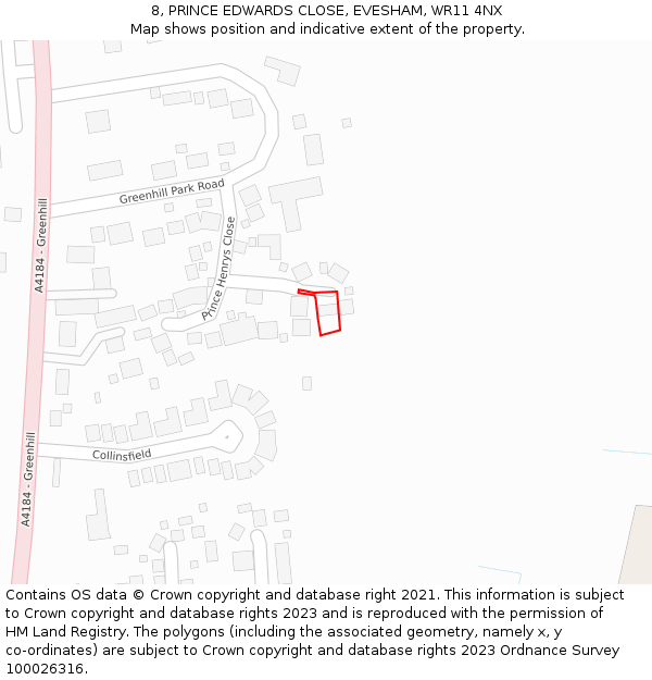 8, PRINCE EDWARDS CLOSE, EVESHAM, WR11 4NX: Location map and indicative extent of plot