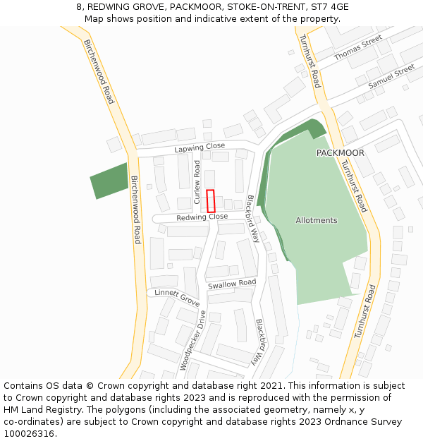 8, REDWING GROVE, PACKMOOR, STOKE-ON-TRENT, ST7 4GE: Location map and indicative extent of plot