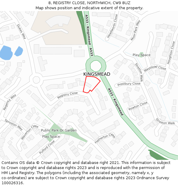 8, REGISTRY CLOSE, NORTHWICH, CW9 8UZ: Location map and indicative extent of plot