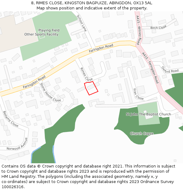 8, RIMES CLOSE, KINGSTON BAGPUIZE, ABINGDON, OX13 5AL: Location map and indicative extent of plot