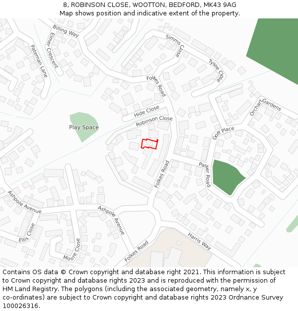 8, ROBINSON CLOSE, WOOTTON, BEDFORD, MK43 9AG: Location map and indicative extent of plot