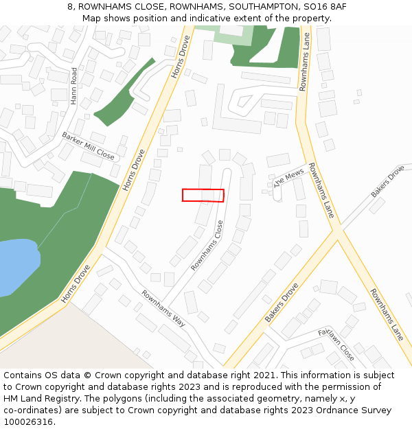 8, ROWNHAMS CLOSE, ROWNHAMS, SOUTHAMPTON, SO16 8AF: Location map and indicative extent of plot