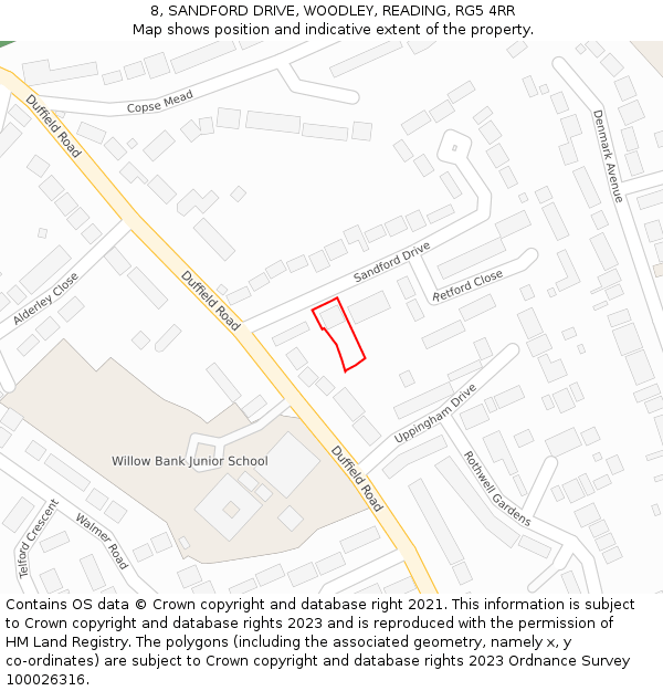 8, SANDFORD DRIVE, WOODLEY, READING, RG5 4RR: Location map and indicative extent of plot