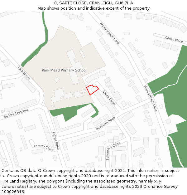 8, SAPTE CLOSE, CRANLEIGH, GU6 7HA: Location map and indicative extent of plot