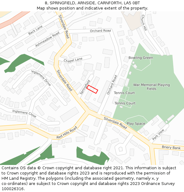 8, SPRINGFIELD, ARNSIDE, CARNFORTH, LA5 0BT: Location map and indicative extent of plot