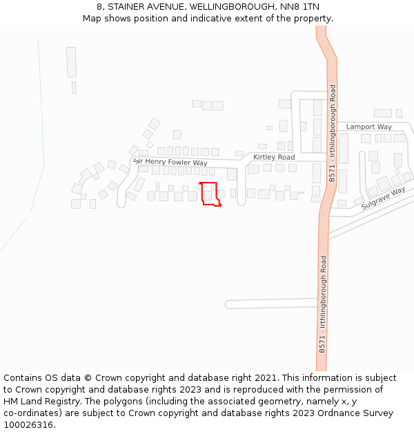 8, STAINER AVENUE, WELLINGBOROUGH, NN8 1TN: Location map and indicative extent of plot