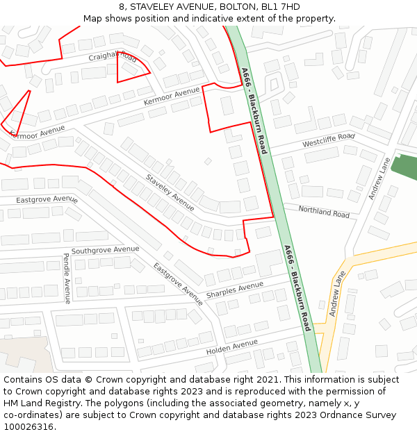 8, STAVELEY AVENUE, BOLTON, BL1 7HD: Location map and indicative extent of plot