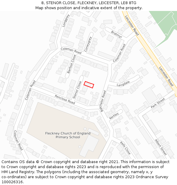 8, STENOR CLOSE, FLECKNEY, LEICESTER, LE8 8TG: Location map and indicative extent of plot