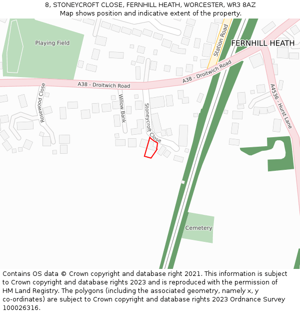 8, STONEYCROFT CLOSE, FERNHILL HEATH, WORCESTER, WR3 8AZ: Location map and indicative extent of plot