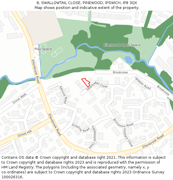 8, SWALLOWTAIL CLOSE, PINEWOOD, IPSWICH, IP8 3QX: Location map and indicative extent of plot