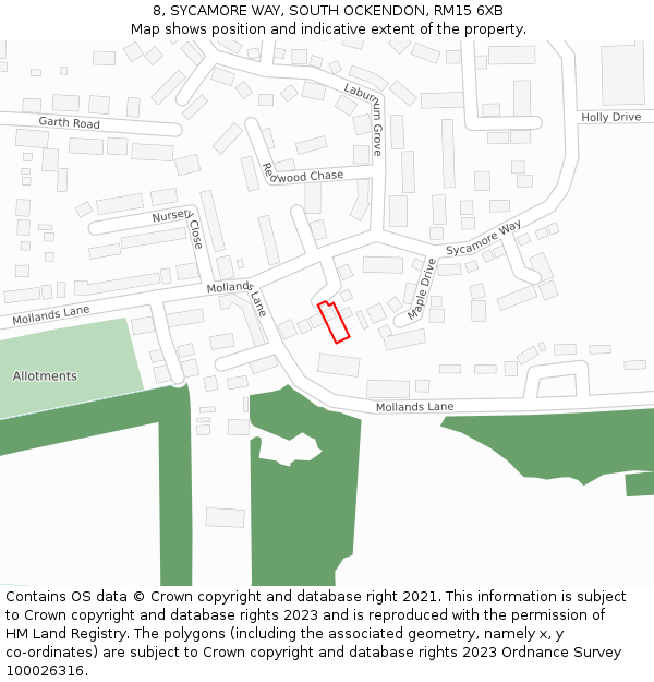 8, SYCAMORE WAY, SOUTH OCKENDON, RM15 6XB: Location map and indicative extent of plot