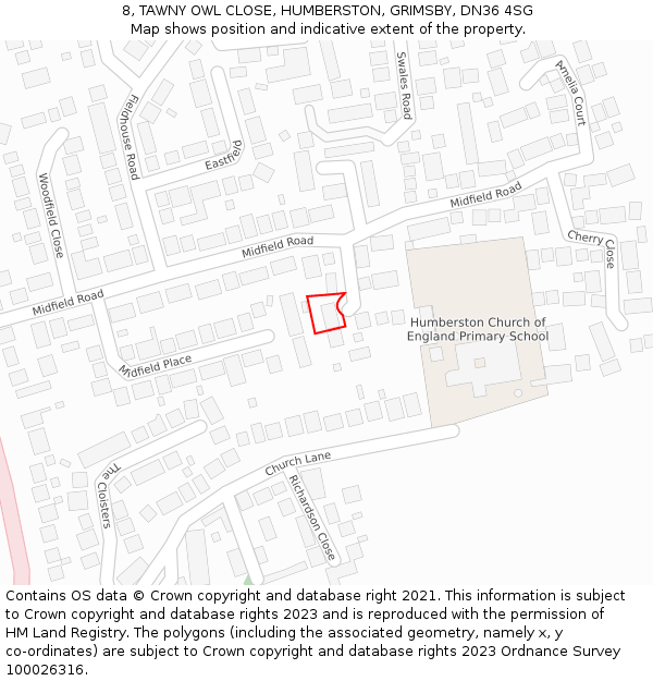 8, TAWNY OWL CLOSE, HUMBERSTON, GRIMSBY, DN36 4SG: Location map and indicative extent of plot