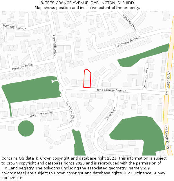 8, TEES GRANGE AVENUE, DARLINGTON, DL3 8DD: Location map and indicative extent of plot