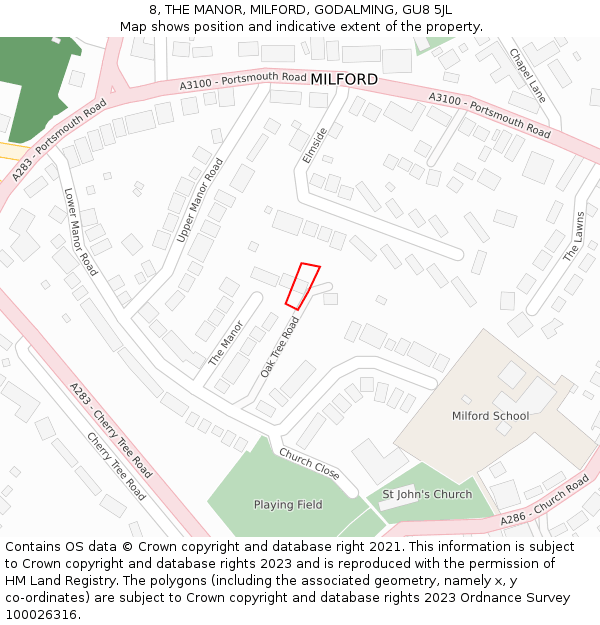 8, THE MANOR, MILFORD, GODALMING, GU8 5JL: Location map and indicative extent of plot