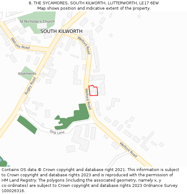 8, THE SYCAMORES, SOUTH KILWORTH, LUTTERWORTH, LE17 6EW: Location map and indicative extent of plot