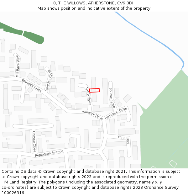 8, THE WILLOWS, ATHERSTONE, CV9 3DH: Location map and indicative extent of plot