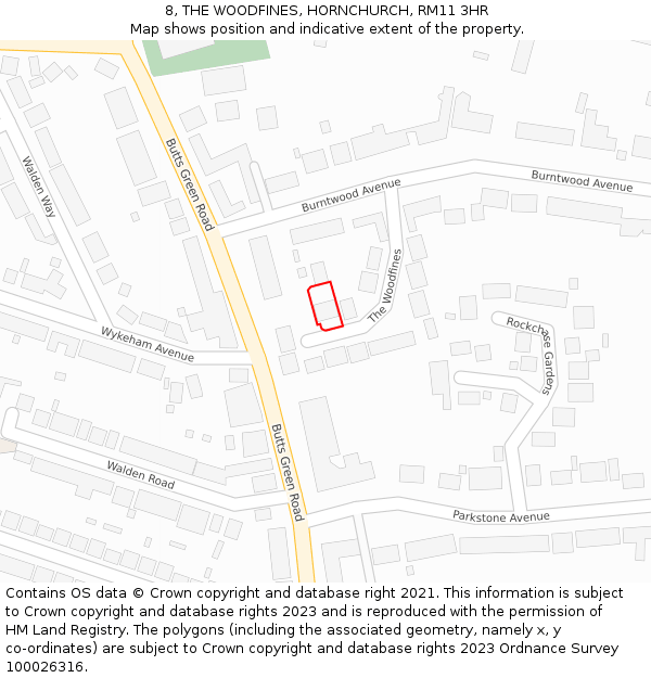 8, THE WOODFINES, HORNCHURCH, RM11 3HR: Location map and indicative extent of plot