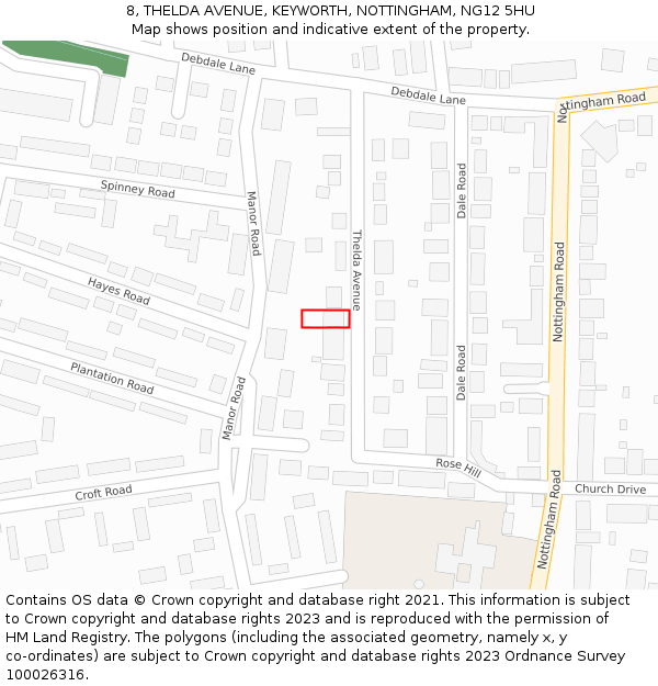 8, THELDA AVENUE, KEYWORTH, NOTTINGHAM, NG12 5HU: Location map and indicative extent of plot