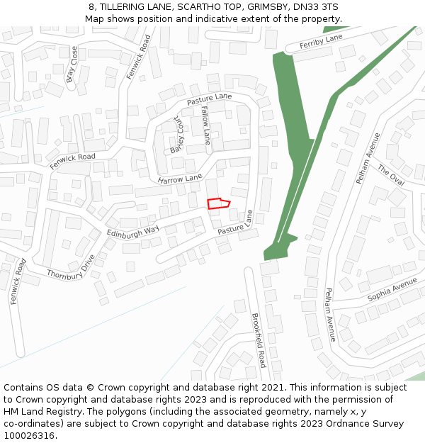 8, TILLERING LANE, SCARTHO TOP, GRIMSBY, DN33 3TS: Location map and indicative extent of plot