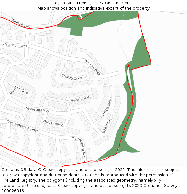 8, TREVETH LANE, HELSTON, TR13 8FD: Location map and indicative extent of plot