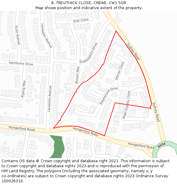 8, TREVITHICK CLOSE, CREWE, CW1 5GR: Location map and indicative extent of plot