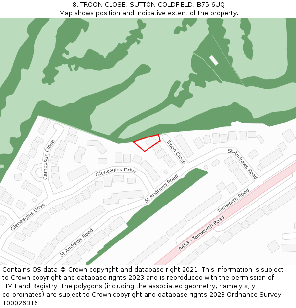 8, TROON CLOSE, SUTTON COLDFIELD, B75 6UQ: Location map and indicative extent of plot