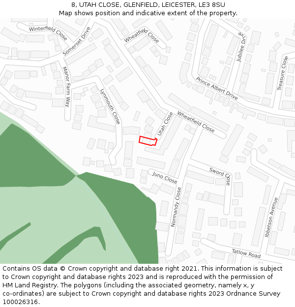 8, UTAH CLOSE, GLENFIELD, LEICESTER, LE3 8SU: Location map and indicative extent of plot