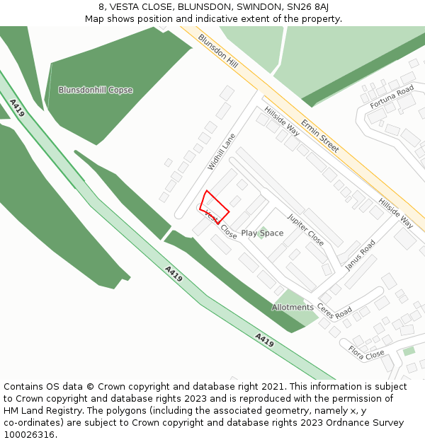 8, VESTA CLOSE, BLUNSDON, SWINDON, SN26 8AJ: Location map and indicative extent of plot