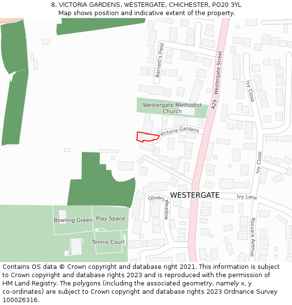 8, VICTORIA GARDENS, WESTERGATE, CHICHESTER, PO20 3YL: Location map and indicative extent of plot