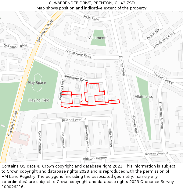 8, WARRENDER DRIVE, PRENTON, CH43 7SD: Location map and indicative extent of plot