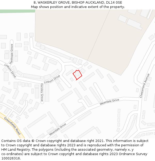 8, WASKERLEY GROVE, BISHOP AUCKLAND, DL14 0SE: Location map and indicative extent of plot