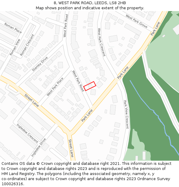 8, WEST PARK ROAD, LEEDS, LS8 2HB: Location map and indicative extent of plot