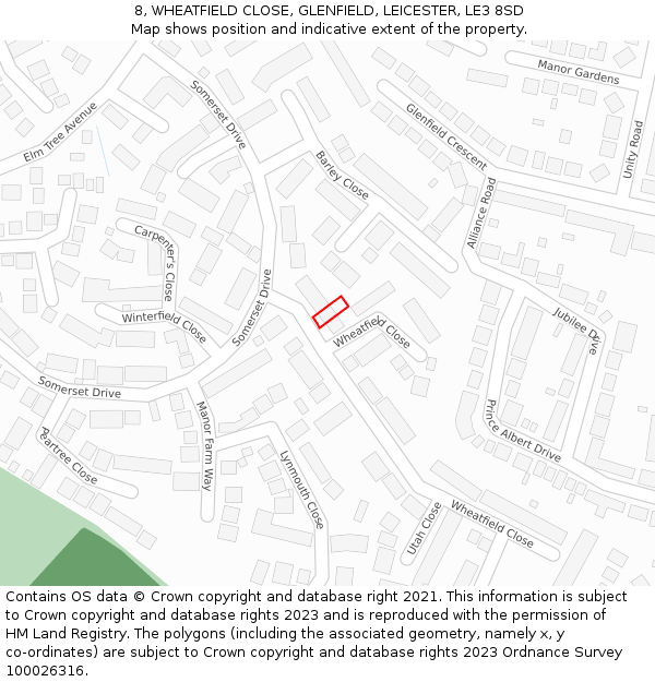 8, WHEATFIELD CLOSE, GLENFIELD, LEICESTER, LE3 8SD: Location map and indicative extent of plot