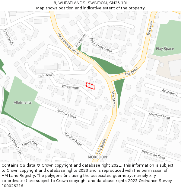 8, WHEATLANDS, SWINDON, SN25 1RL: Location map and indicative extent of plot