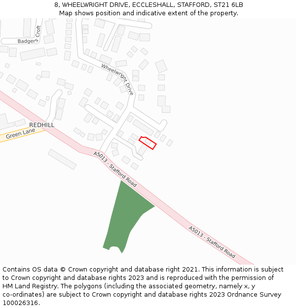 8, WHEELWRIGHT DRIVE, ECCLESHALL, STAFFORD, ST21 6LB: Location map and indicative extent of plot