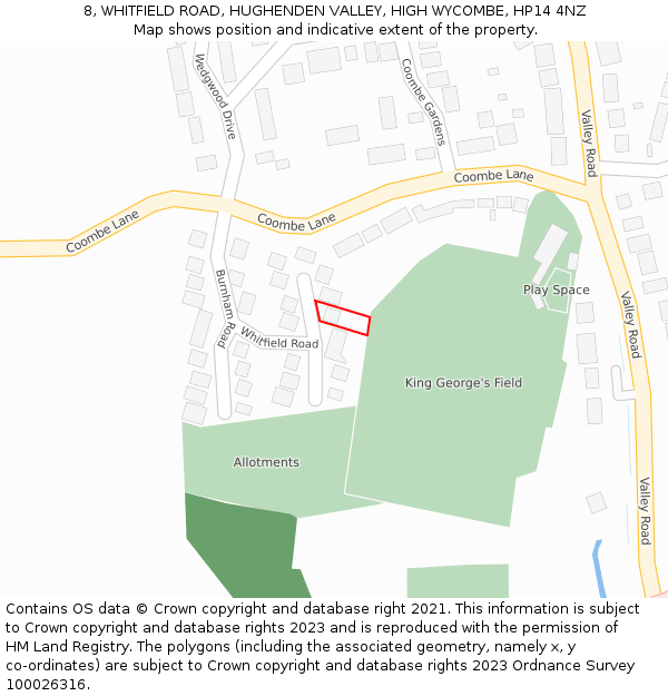 8, WHITFIELD ROAD, HUGHENDEN VALLEY, HIGH WYCOMBE, HP14 4NZ: Location map and indicative extent of plot