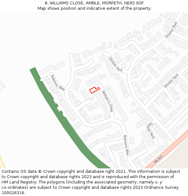 8, WILLIAMS CLOSE, AMBLE, MORPETH, NE65 0GF: Location map and indicative extent of plot