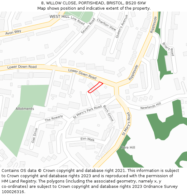 8, WILLOW CLOSE, PORTISHEAD, BRISTOL, BS20 6XW: Location map and indicative extent of plot