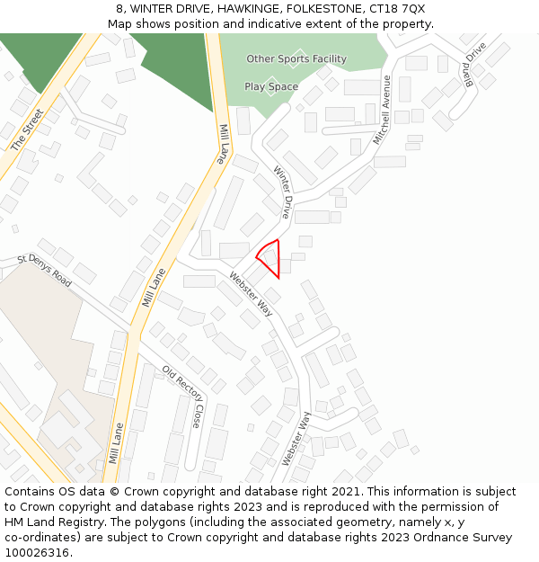 8, WINTER DRIVE, HAWKINGE, FOLKESTONE, CT18 7QX: Location map and indicative extent of plot