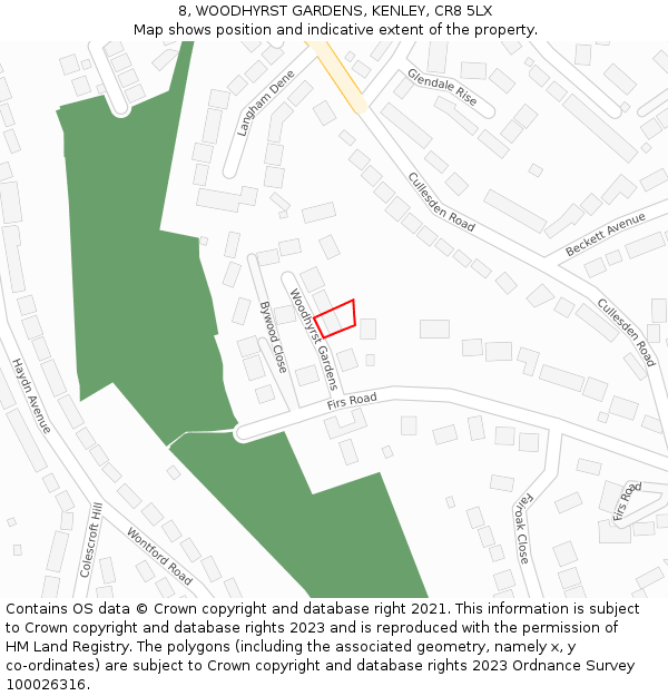 8, WOODHYRST GARDENS, KENLEY, CR8 5LX: Location map and indicative extent of plot