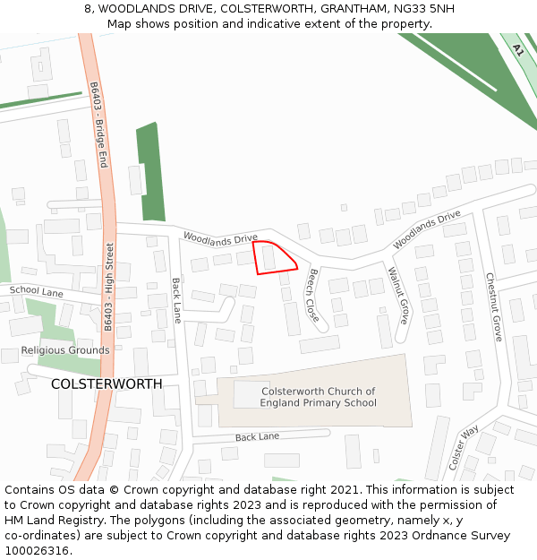 8, WOODLANDS DRIVE, COLSTERWORTH, GRANTHAM, NG33 5NH: Location map and indicative extent of plot